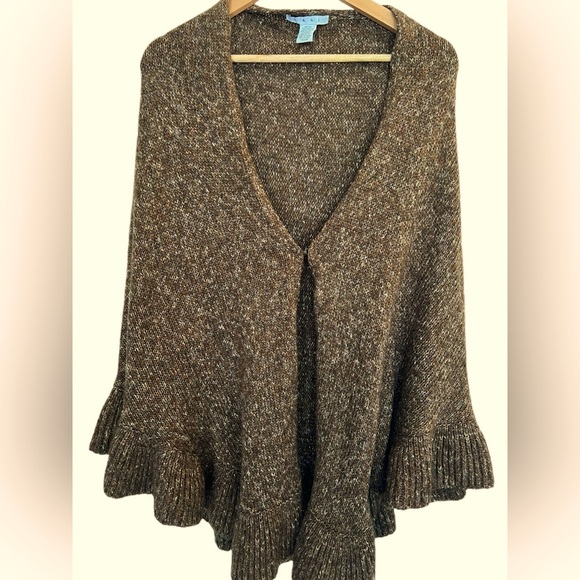 Cabi One Size Tweed Brown Ruffle Hem Shawl Sweater Poncho Cottagecore Cozy Cabin - Picture 2 of 6